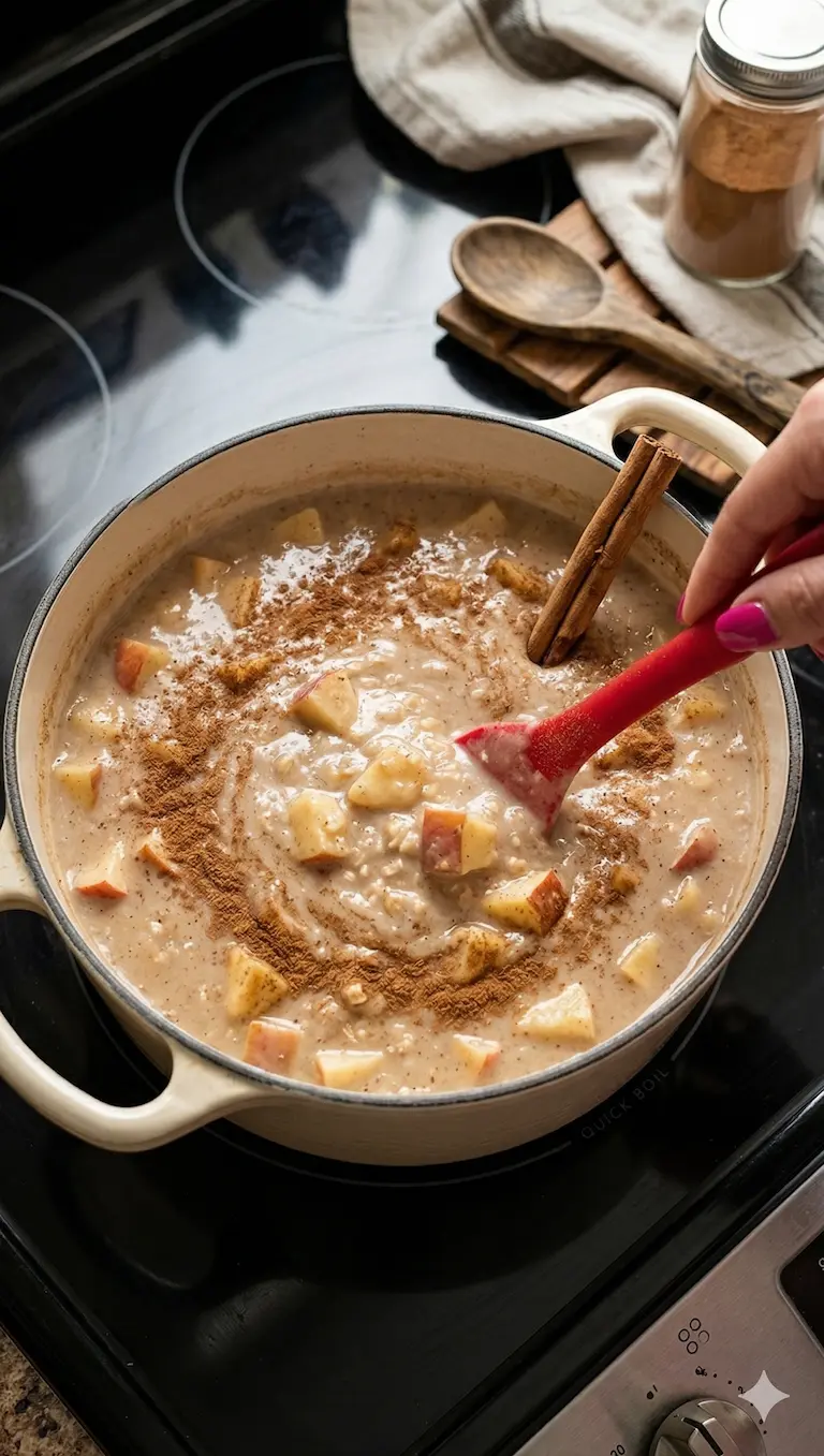 Luci Abarca preparando atol de avena con manzana y canela